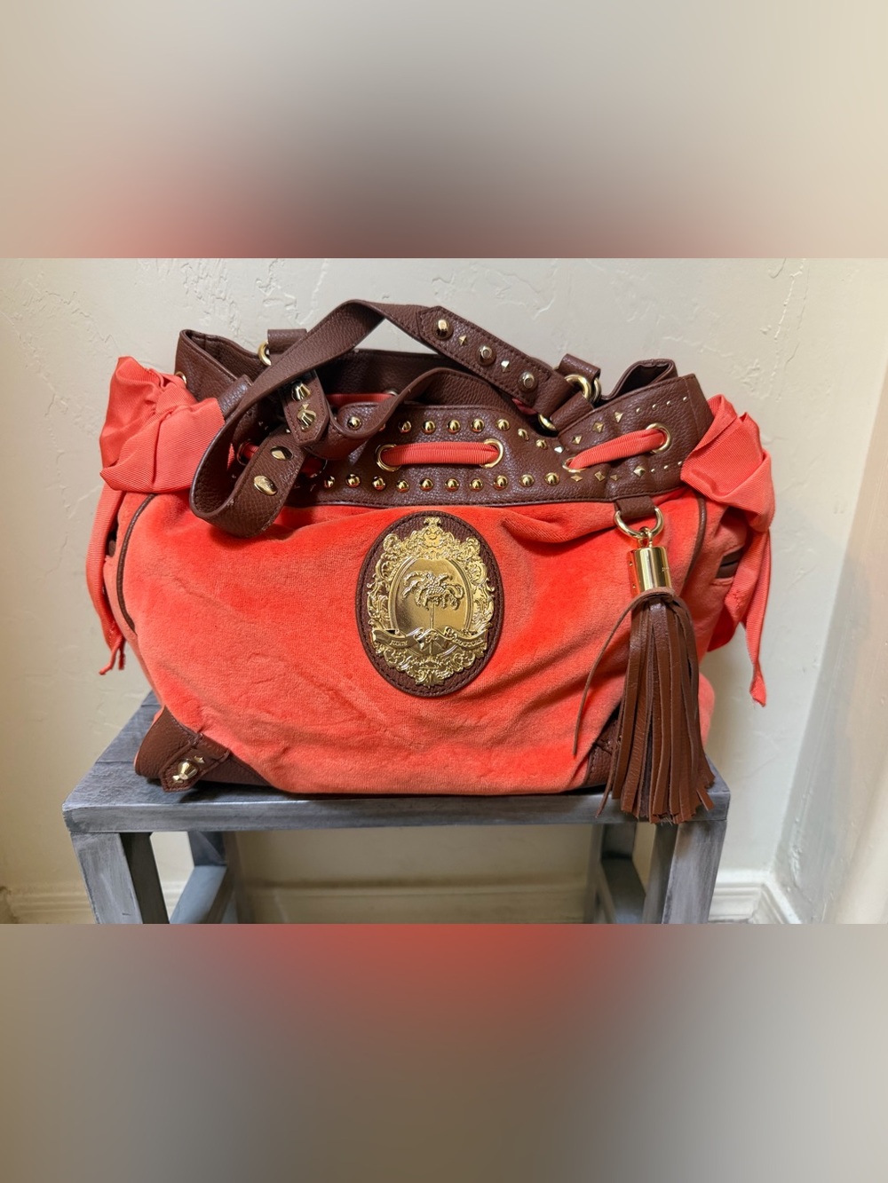 Orange Juicy Couture Velour Shoulder Bag with Tassel Accent
